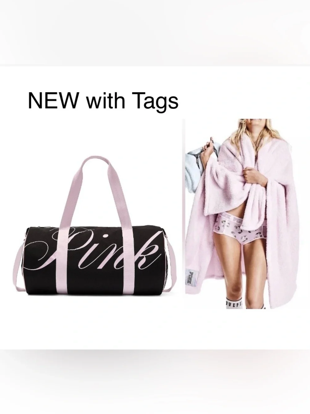 PINK Black and Light Pink Duffle Bag with 'Pink' Script and Blanket